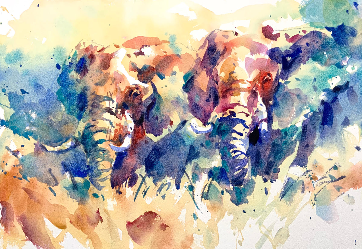 Two Elephants With Blues &amp; Greens